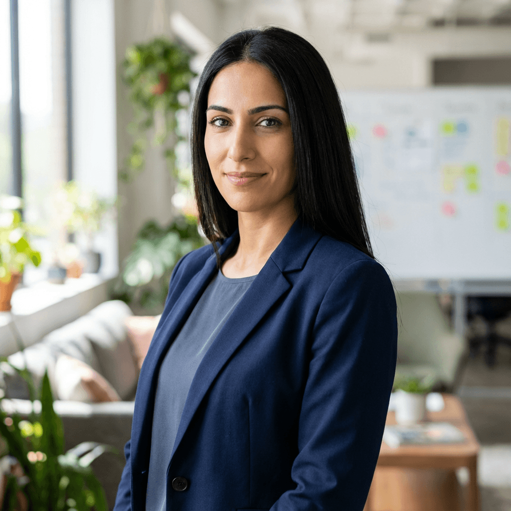 Female marketing coordinator smiling at a desk with a notebook and laptop