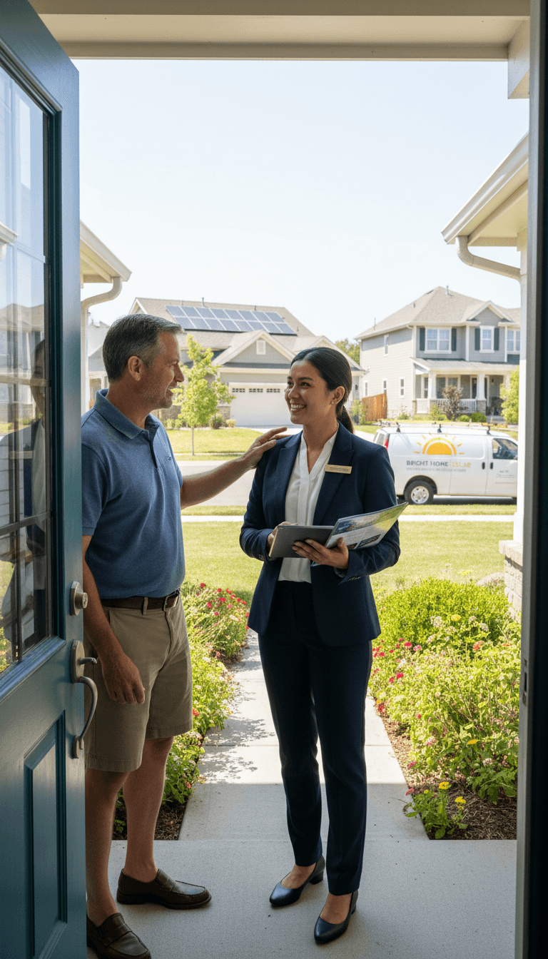 Sales representative speaking with a customer at a front door during a Los Angeles campaign