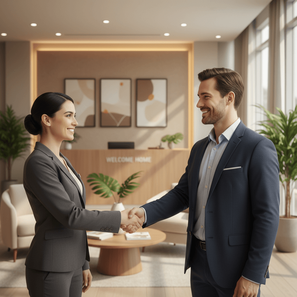 Two professionals exchanging a handshake in a business setting