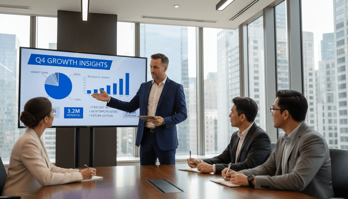 Consultant presenting a performance report to a client in a modern office